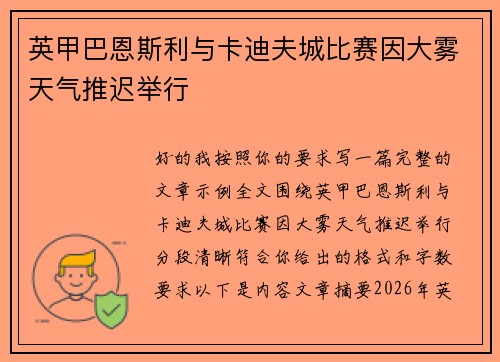英甲巴恩斯利与卡迪夫城比赛因大雾天气推迟举行