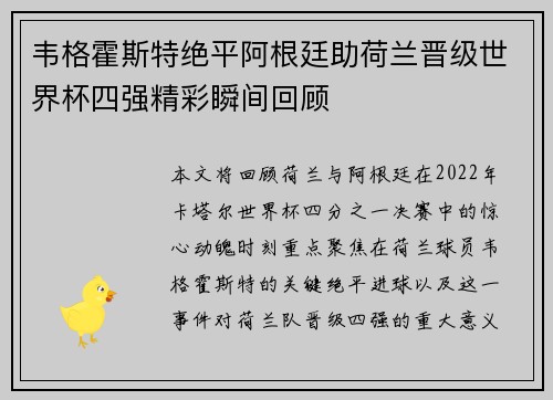 韦格霍斯特绝平阿根廷助荷兰晋级世界杯四强精彩瞬间回顾